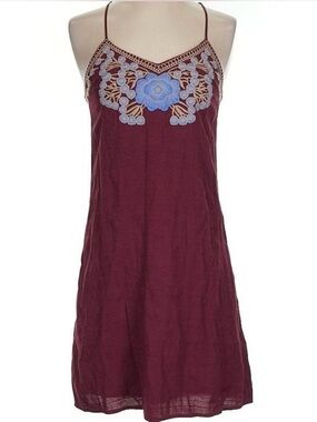 Burgundy Slip Dress with Blue Floral Embroidery